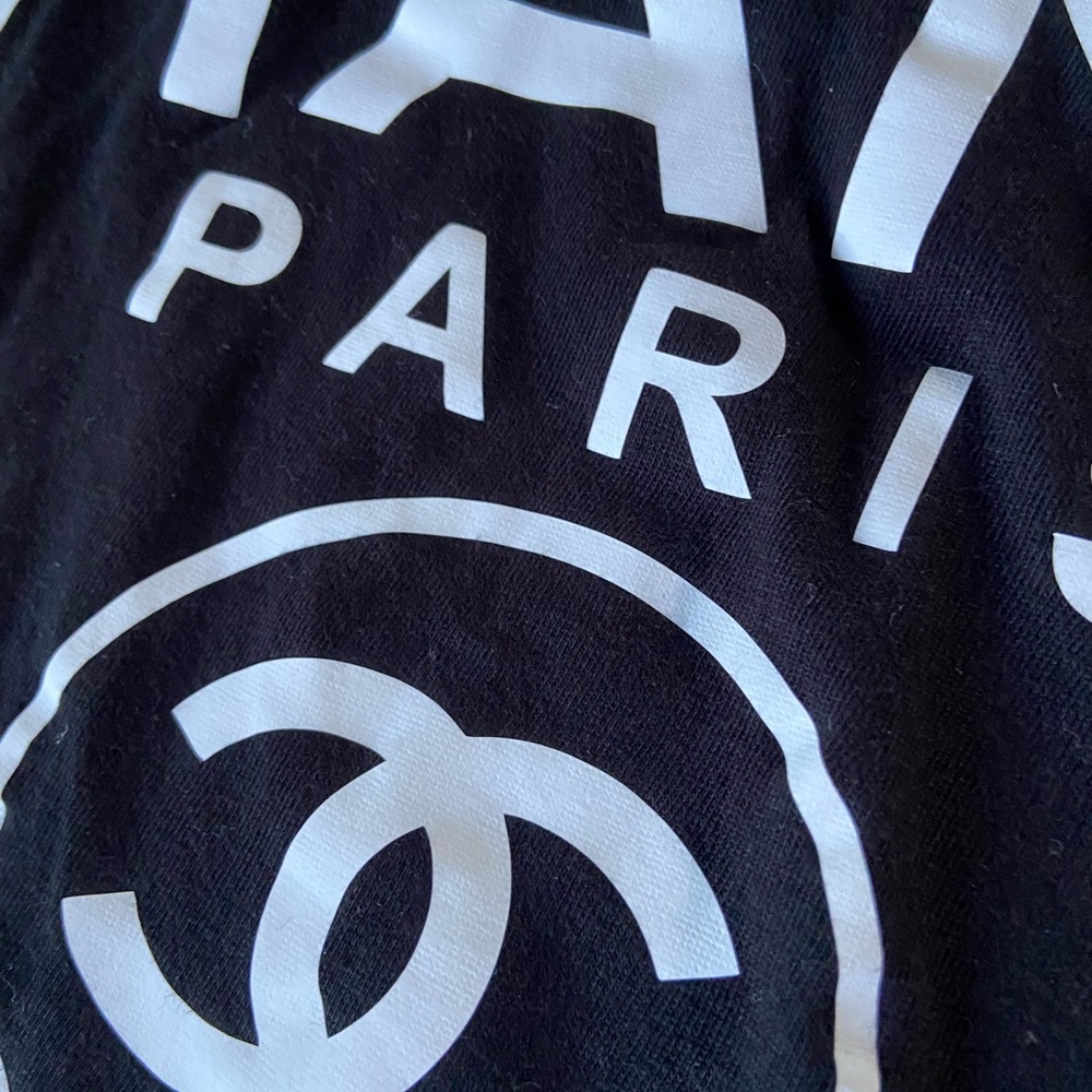 Chanel white logo on black V neck T-shirt. Size marked large, fits like sm/med. - Picture 5 of 6
